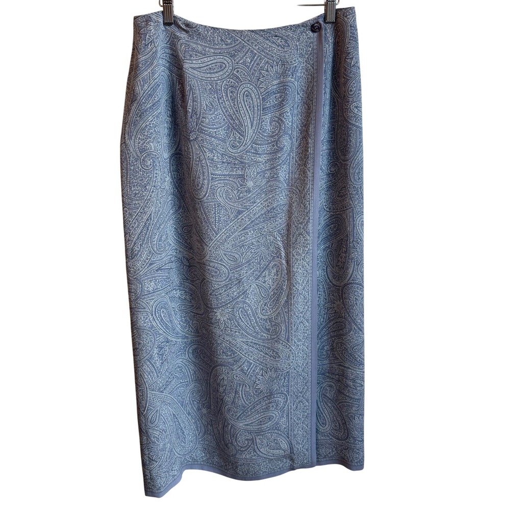 Talbots Midi Silk Wrap Skirt Women's 8 Blue Paisley Flowy Coastal Resort Wear